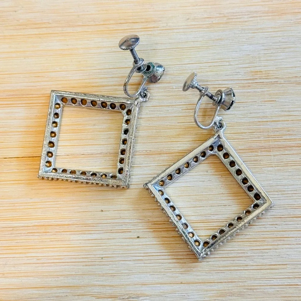 VTG Art Deco Screw‎ back Rhinestone Earrings Statement Dangle Silver Tone Rare